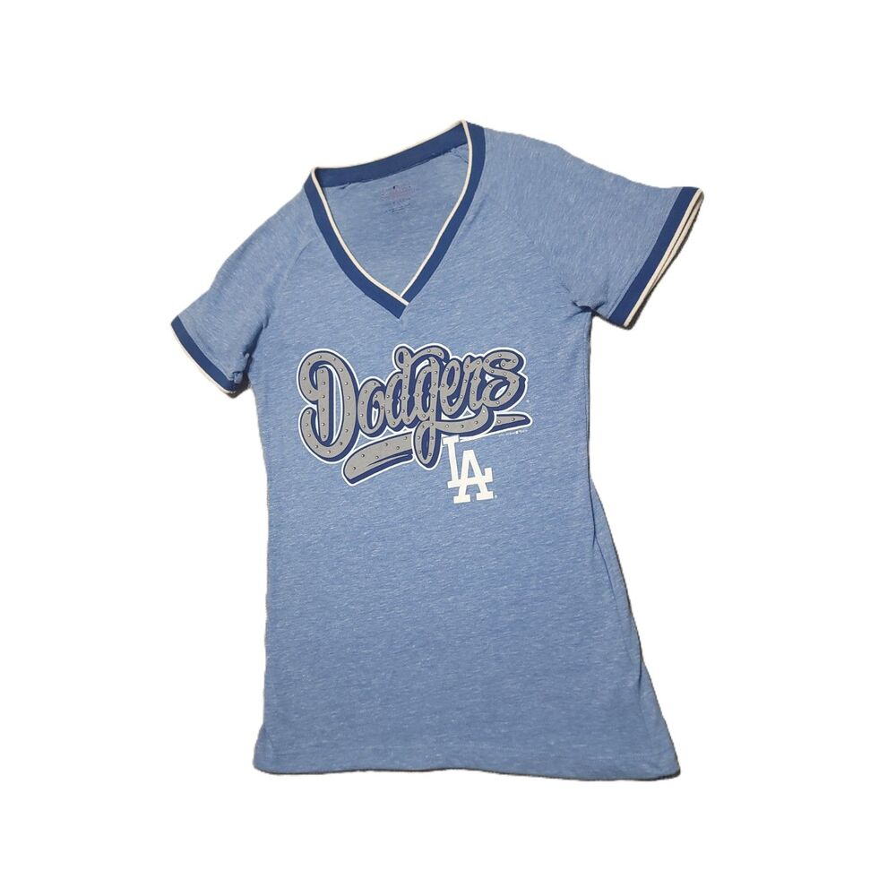 MLB LA Dodgers Shirt Womens M Embellished Graphic V Neck Blue Top
